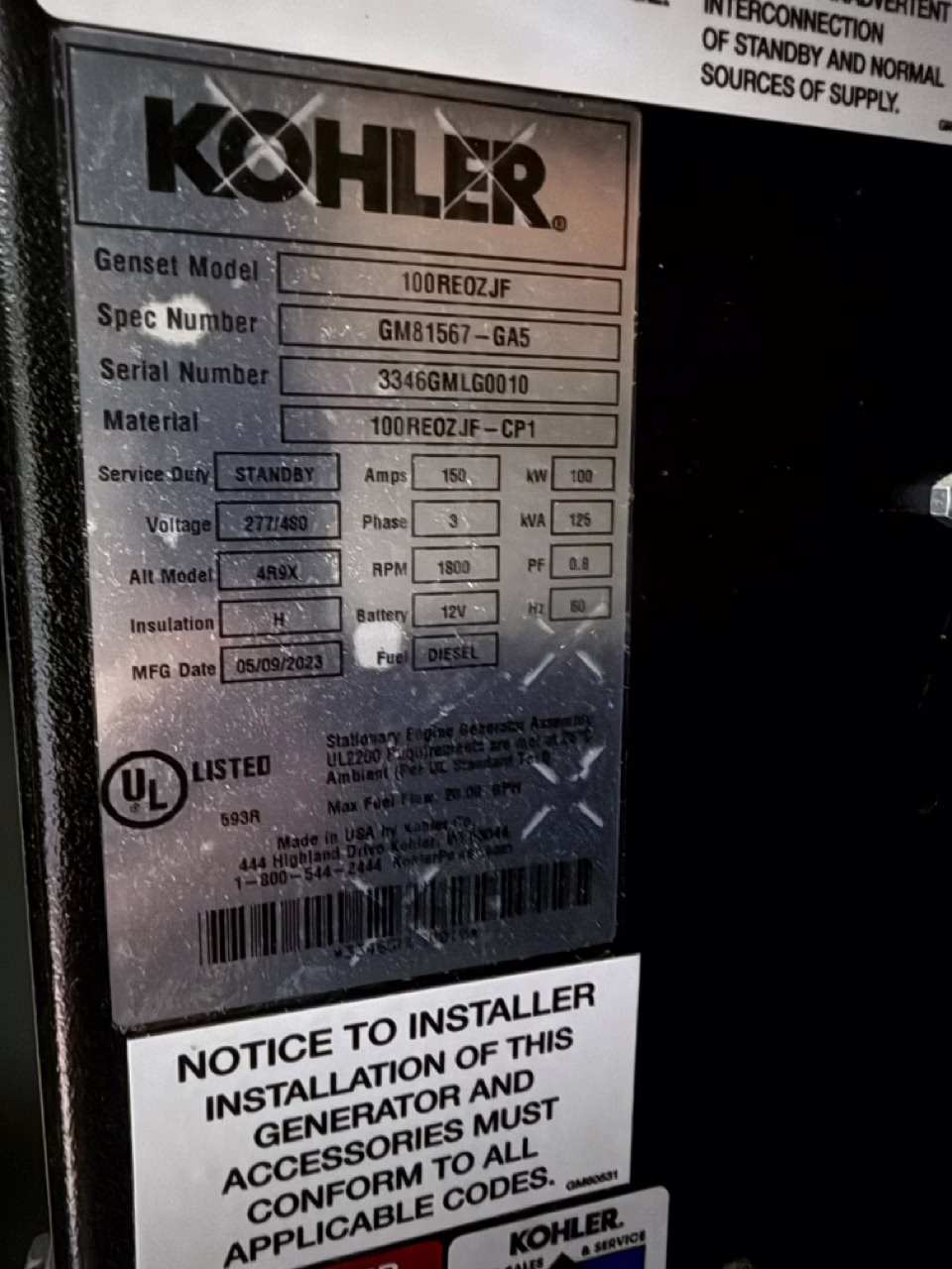 100 kW Kohler kickplate