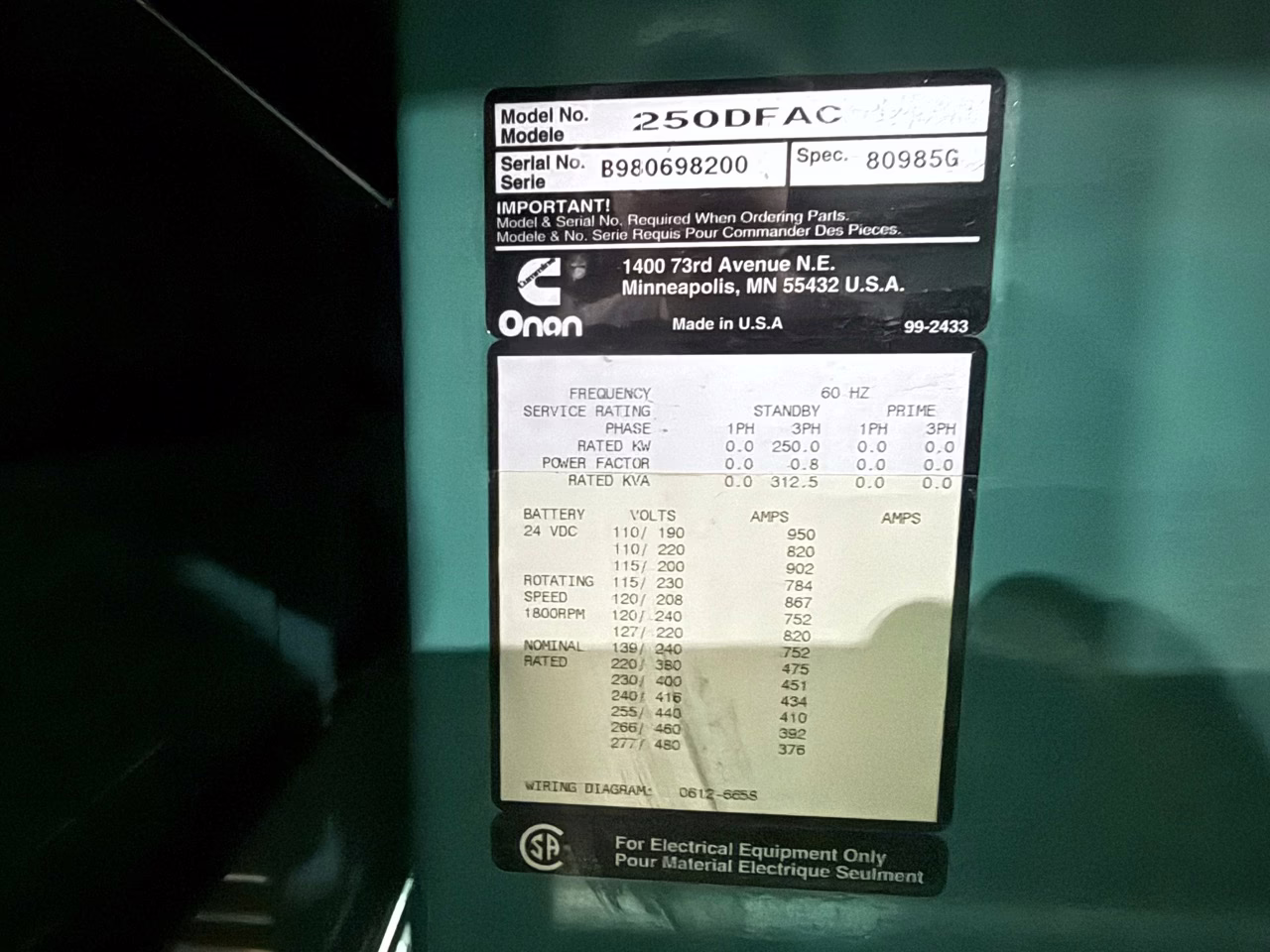 250 kW Cummins Diesel Generator