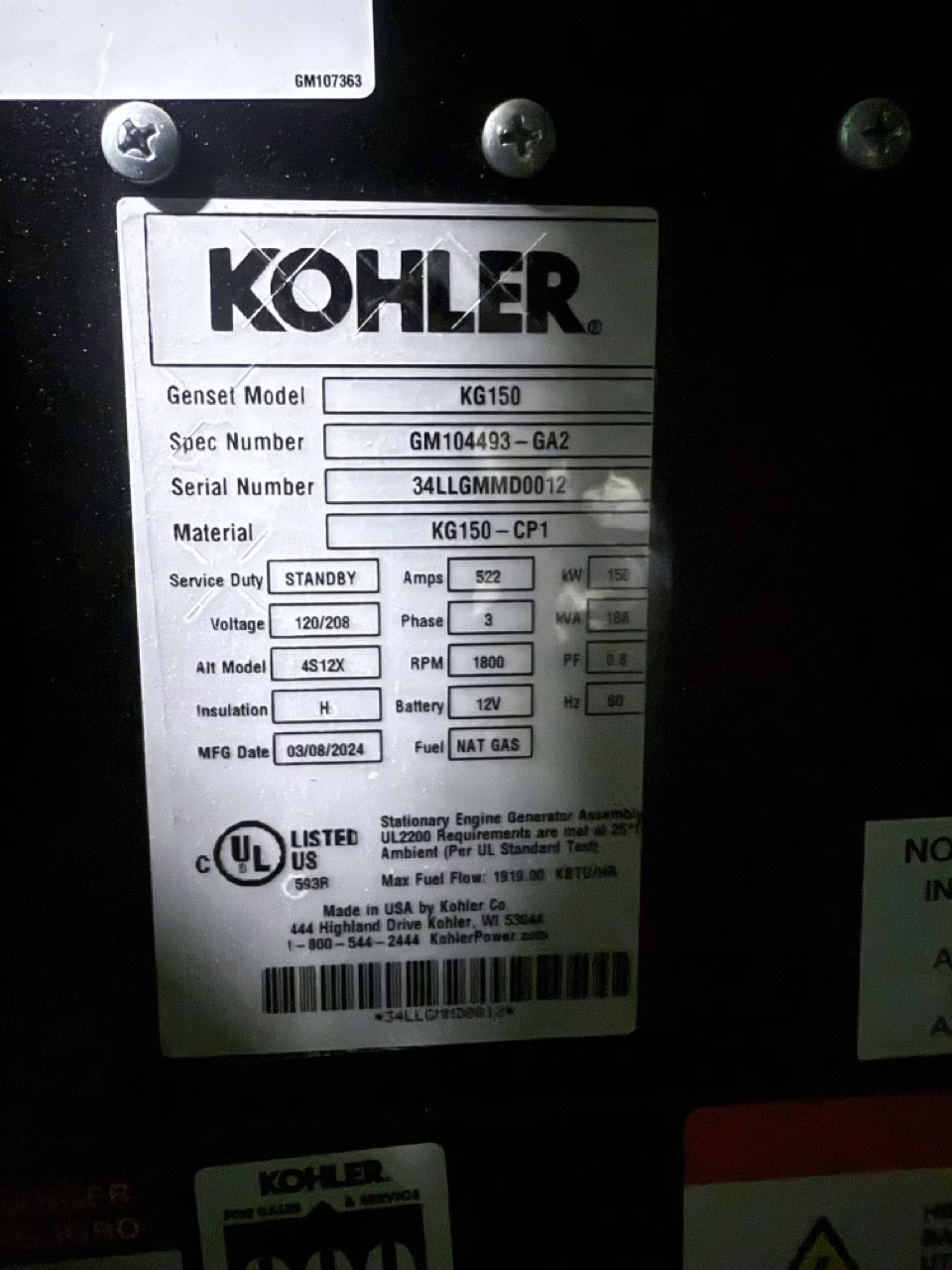 150 kW Kohler Natural Gas Generator