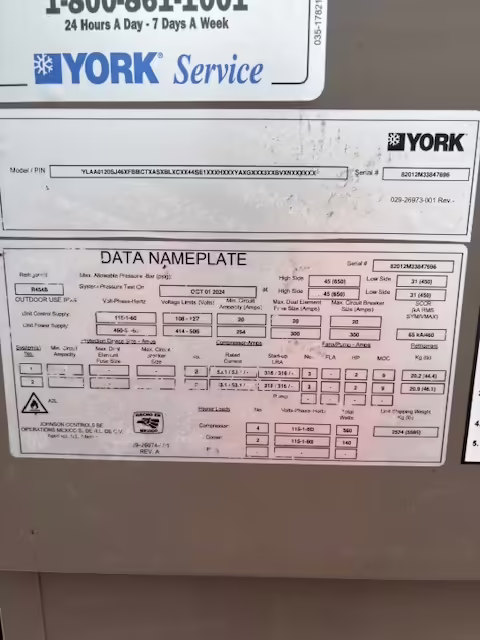 LEL Critical 120-ton York air-cooled chiller, Model YLAA0120, Lot L008222, 460V, R454B refrigerant, 2024 model.