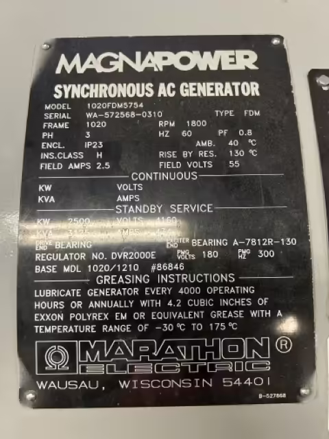 2500 kW MTU Generator Magnapower dataslate