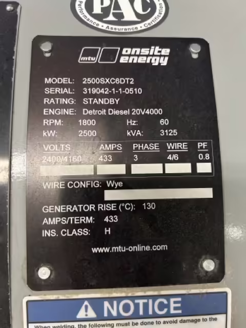 2500 kW MTU Generator Data Slate