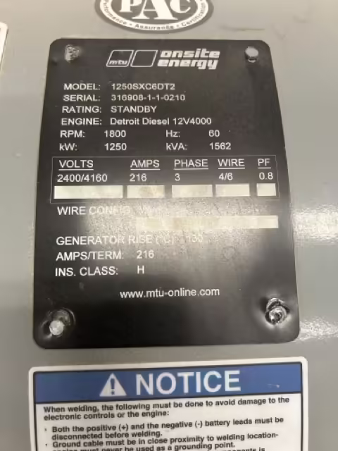 1450 kW MTU Generator data slate