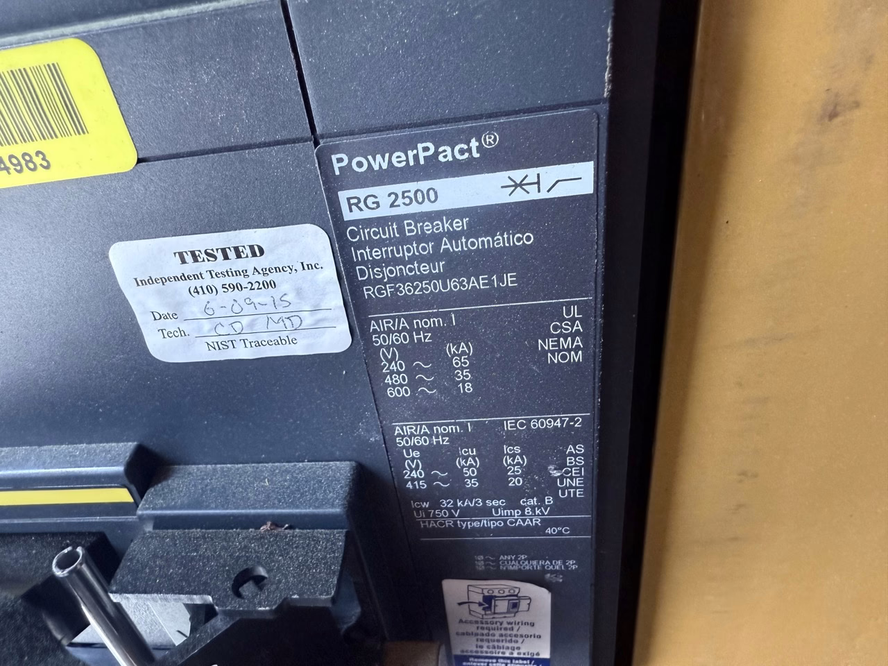Square D Breaker data tag