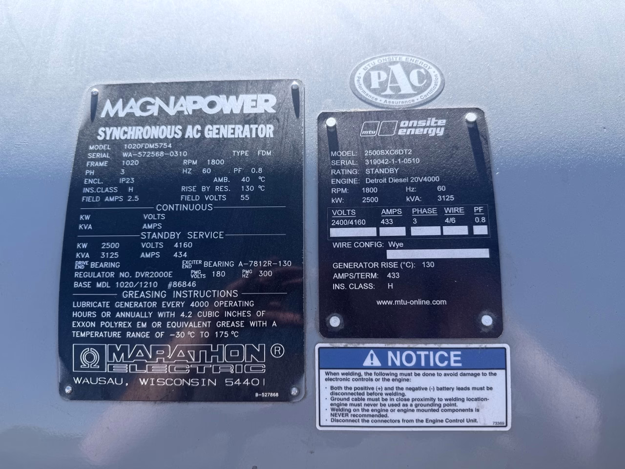 2500 kW MTU Generator