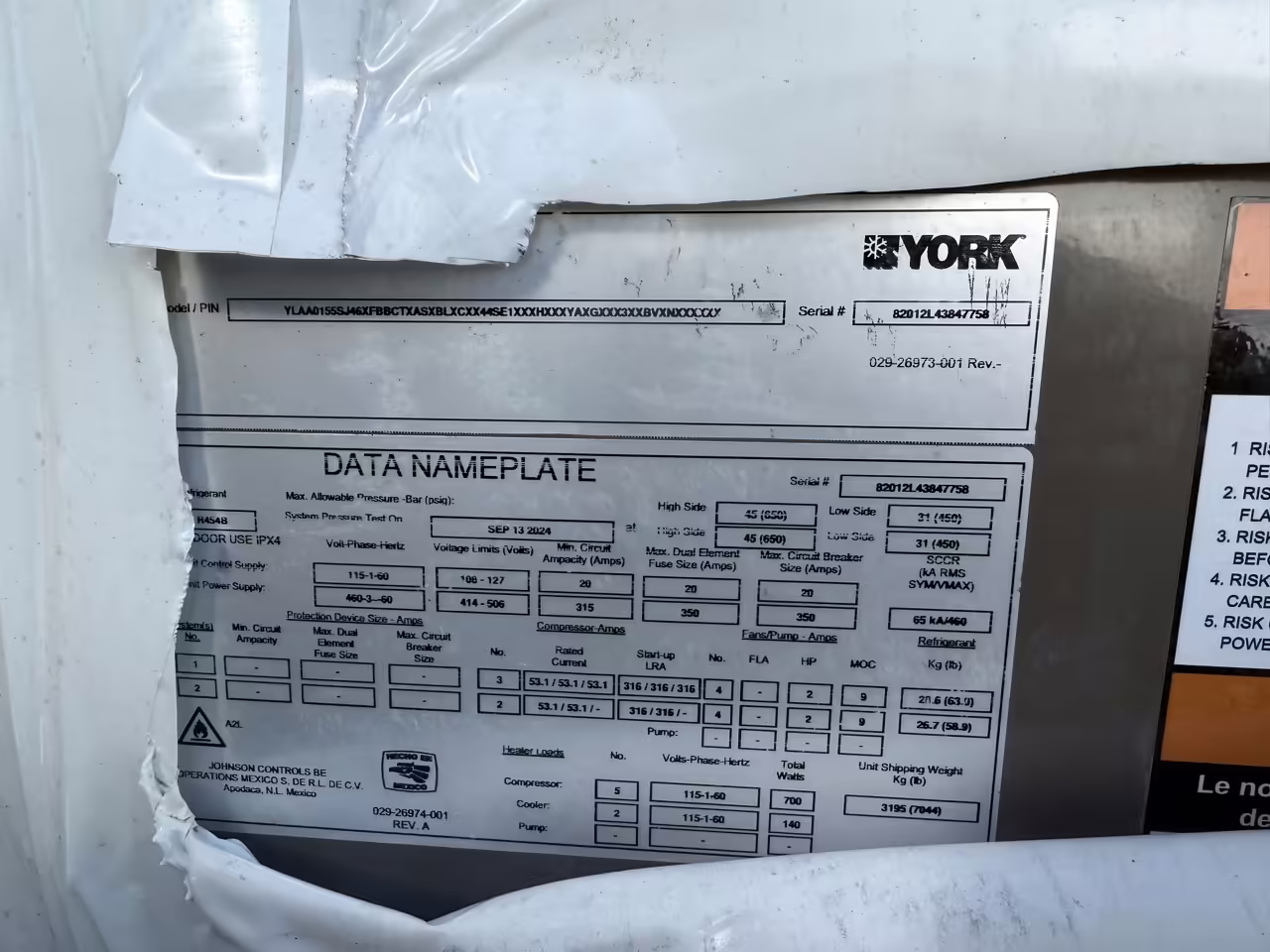 150 Ton York Air Cooled Chiller – Model YLAA0155