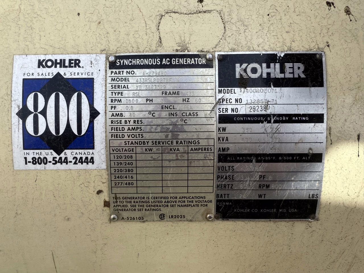 400 kW Kohler 400ROZD Generator Set data slate