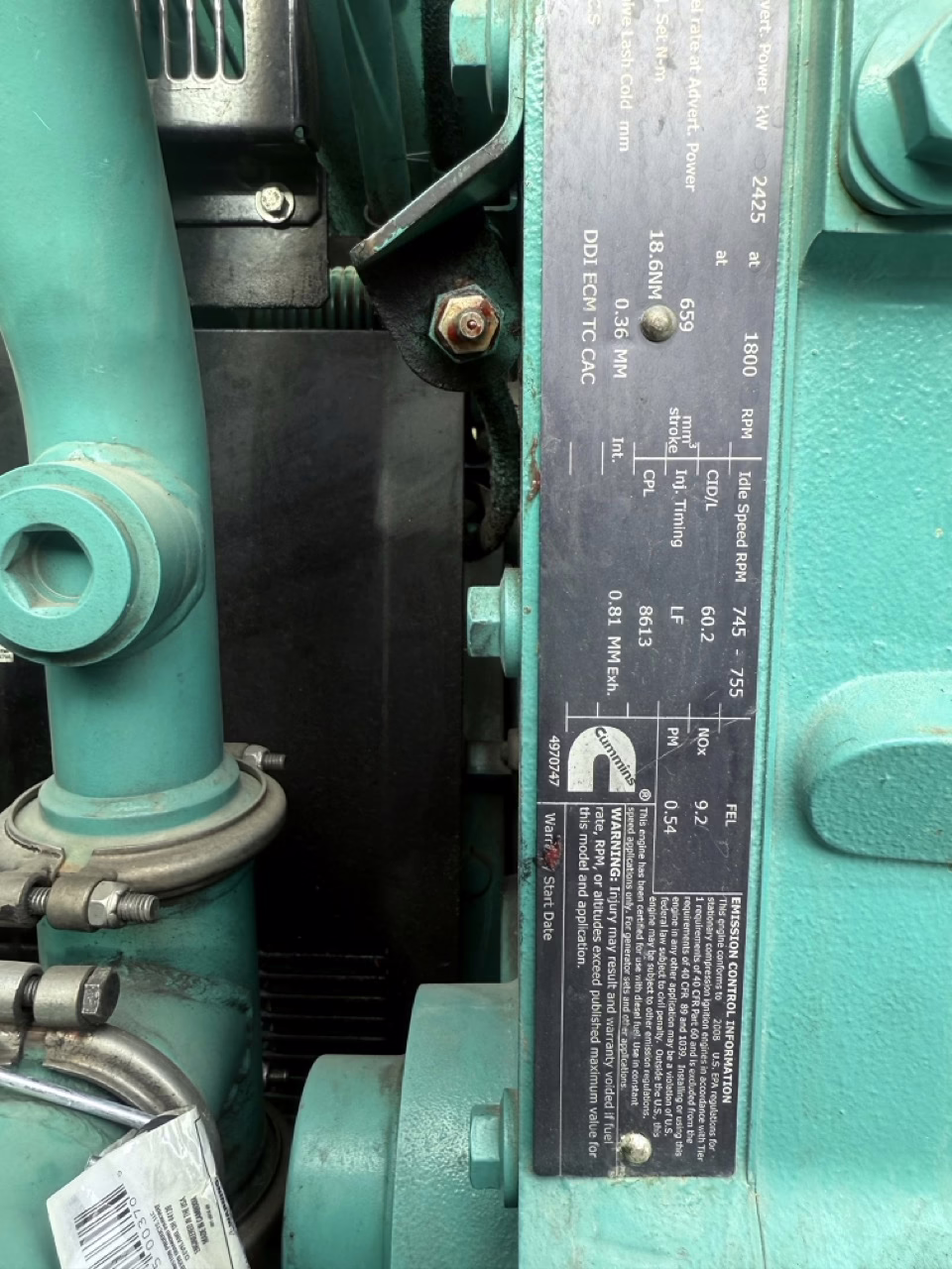 2250 kW Cummins Open Skid Diesel Generator data slate