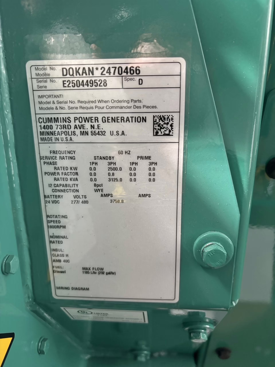 Cummins 25000 DQKAN Generator