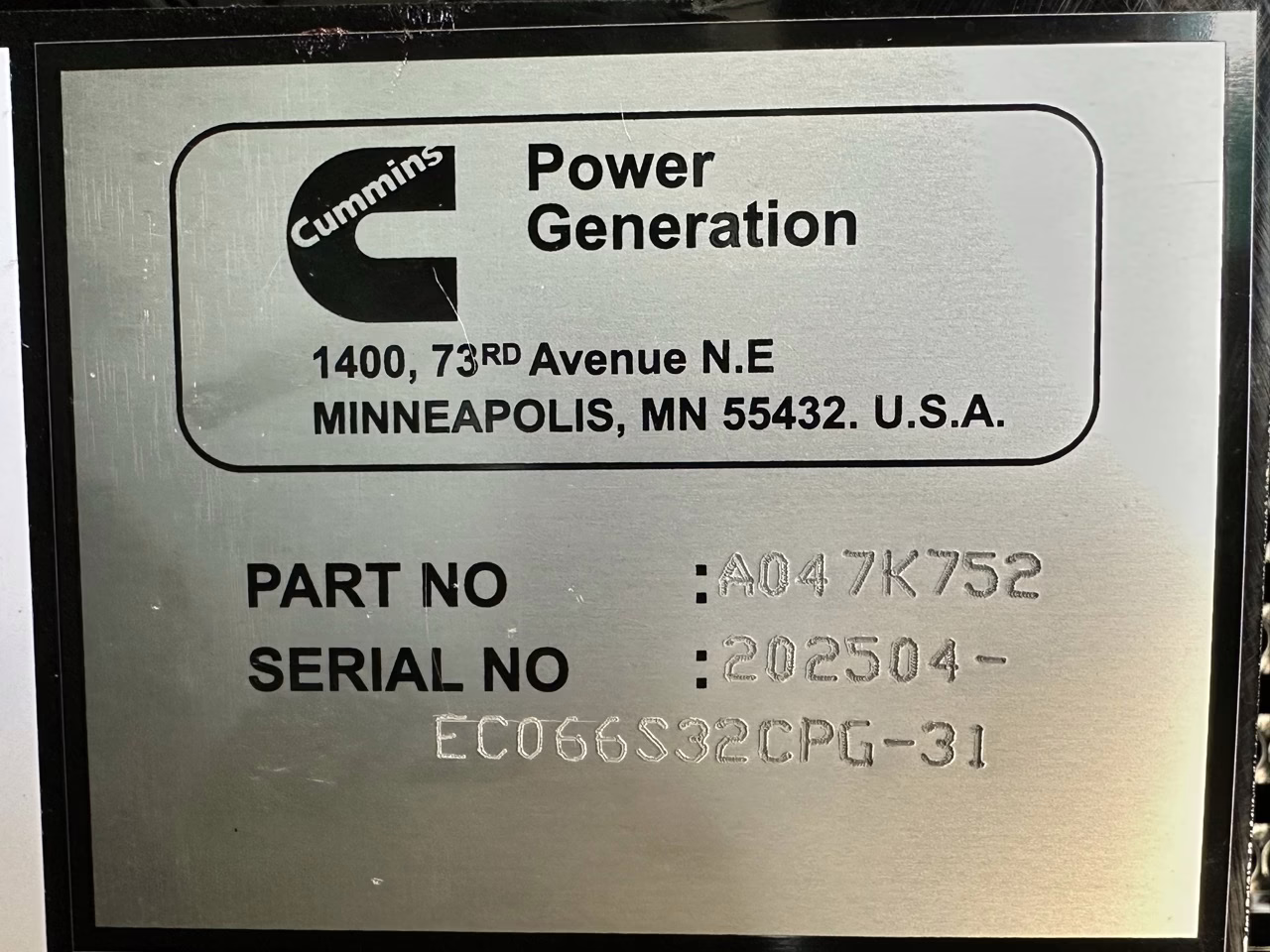 Cummins 25000 DQKAN Generator Serial
