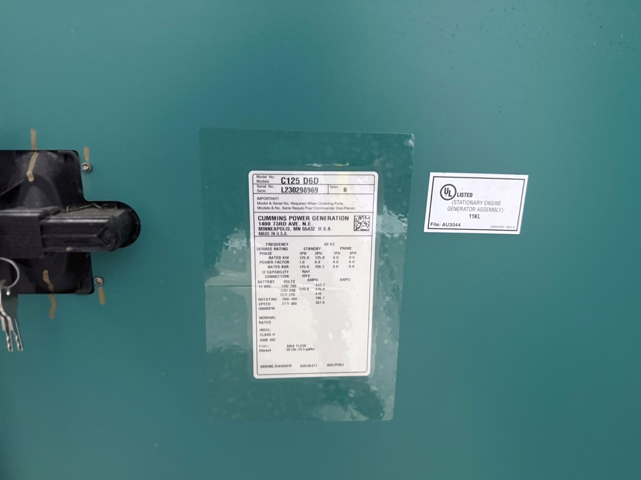 125 kW Cummins Diesel Generator Fuel data
